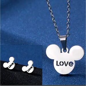 Mickey Mouse Stainless Steel Necklace Earrings Chain Link Charm Matching Set